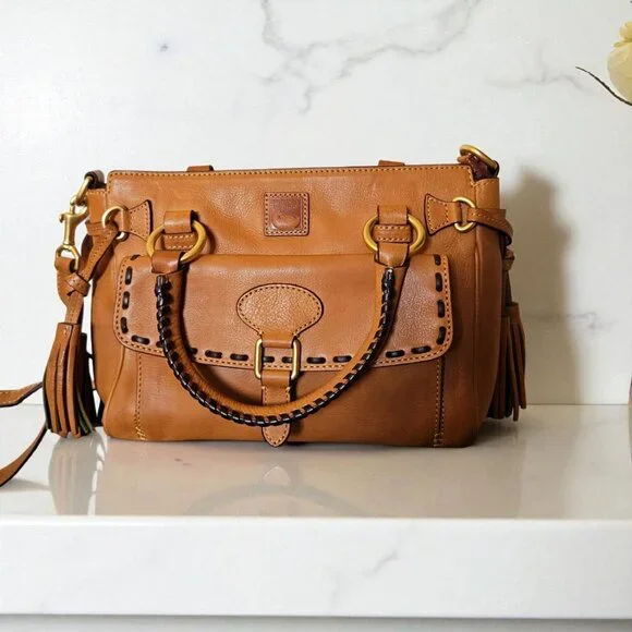 Dooney & Bourke Medium Pocket Satchel Tan Leather Tassel Bag Crossbody 8L977 - Picture 1 of 16